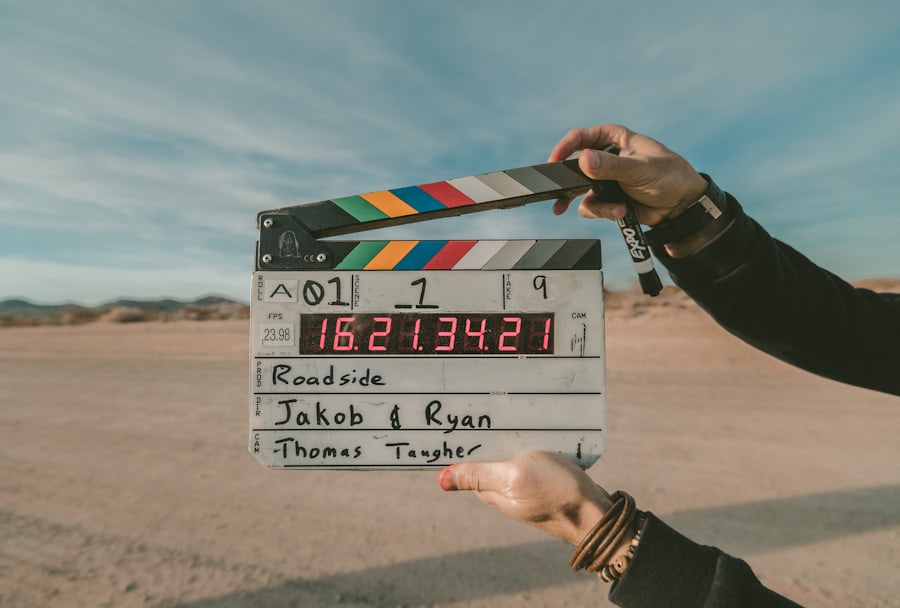 A film clapperboard on set